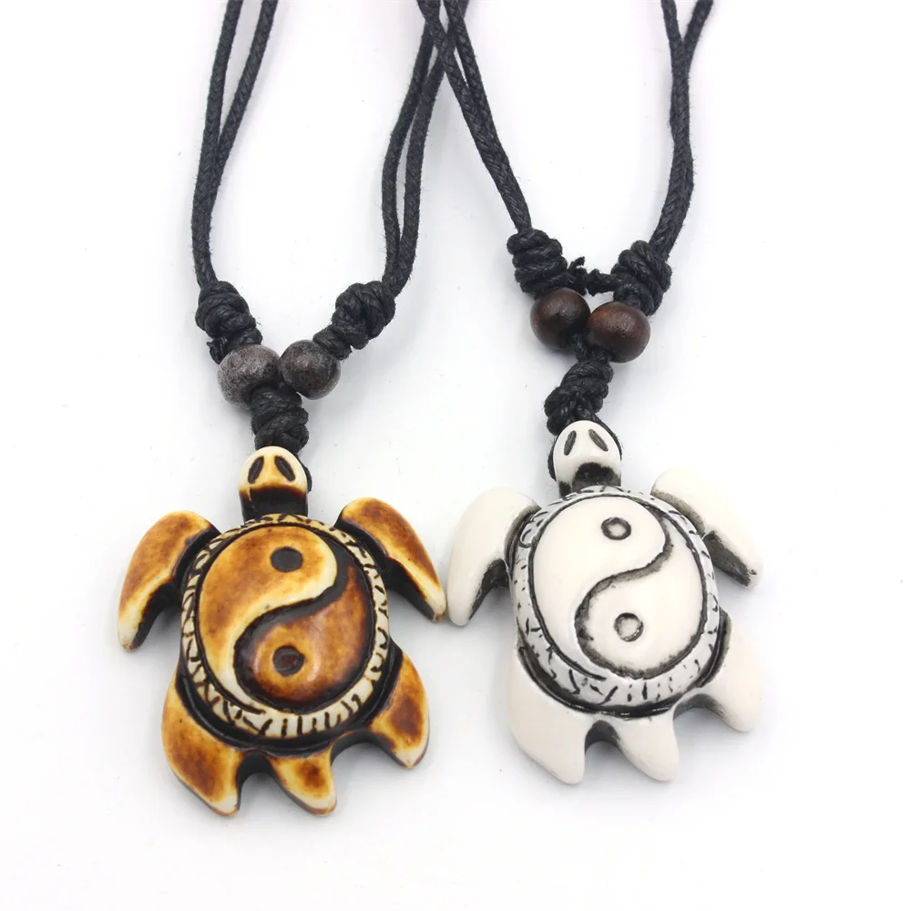 Vintage Tai Chi Yin Yang Turtle Pendant Necklace for Men Women Imitation Yak Bone Sea Turtle Charms Jewelry Gift