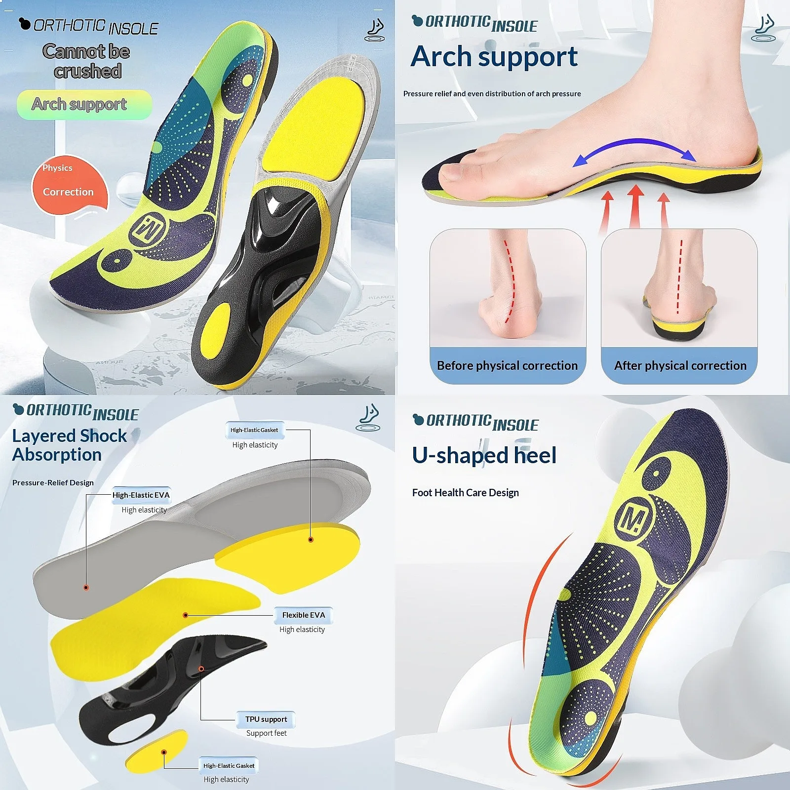 Flat Feet Orthopedic Insoles for Men Women Arch Support Shock Absorption Pronation Correction