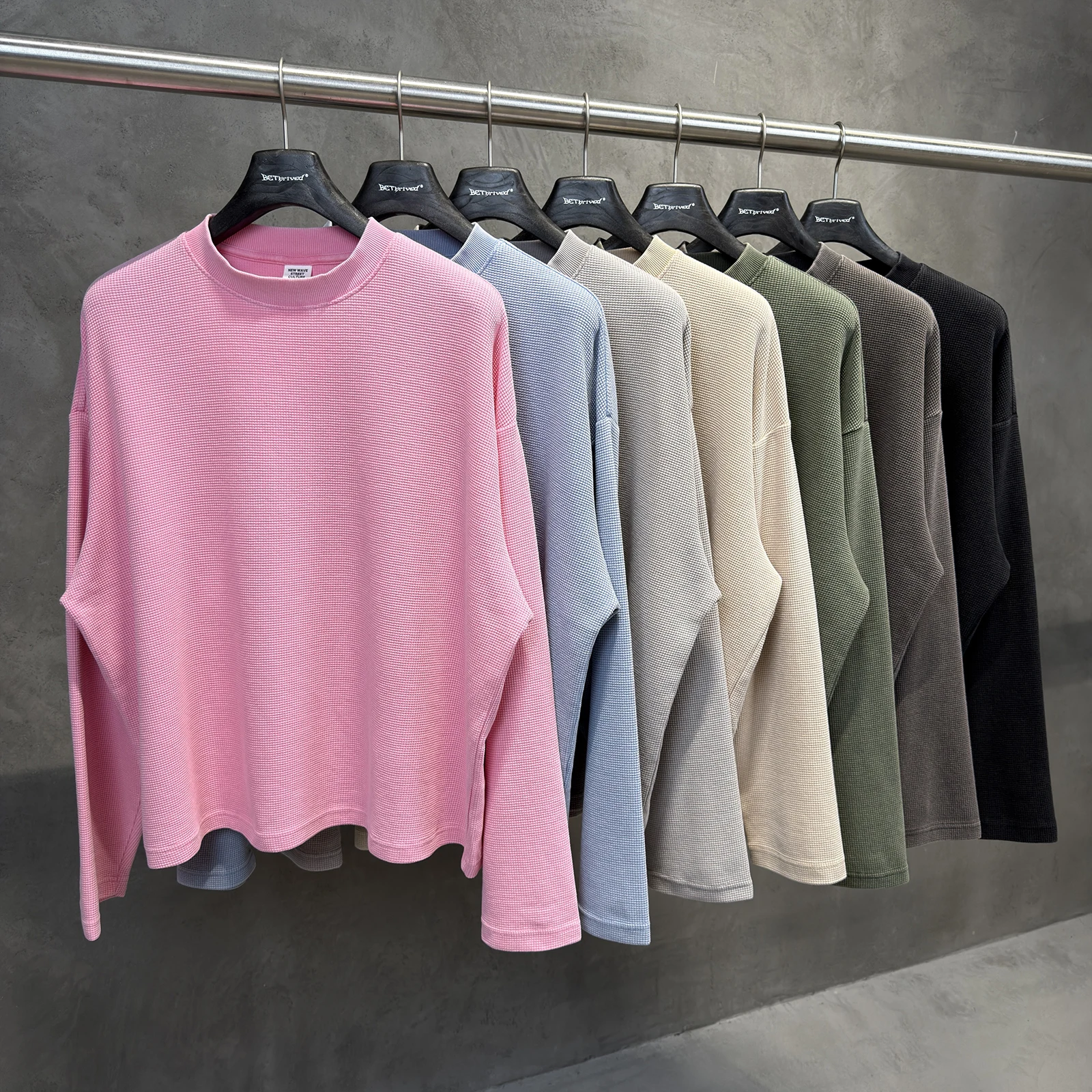 Men Acid Wash Waffle Knit Sweatshirt Gray Cropped Boxy Oversized Fit Crew Neck  Long Sleeve Tshirt Vintage Streetwear Pullovers