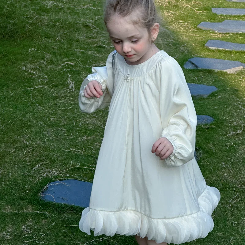 

Girls Spring Loose Casual Autumn White Silk-Cotton Dress Baby Girl One-piece Costume for Kids Princess 2 3 4 5 6 7 8 Years Old