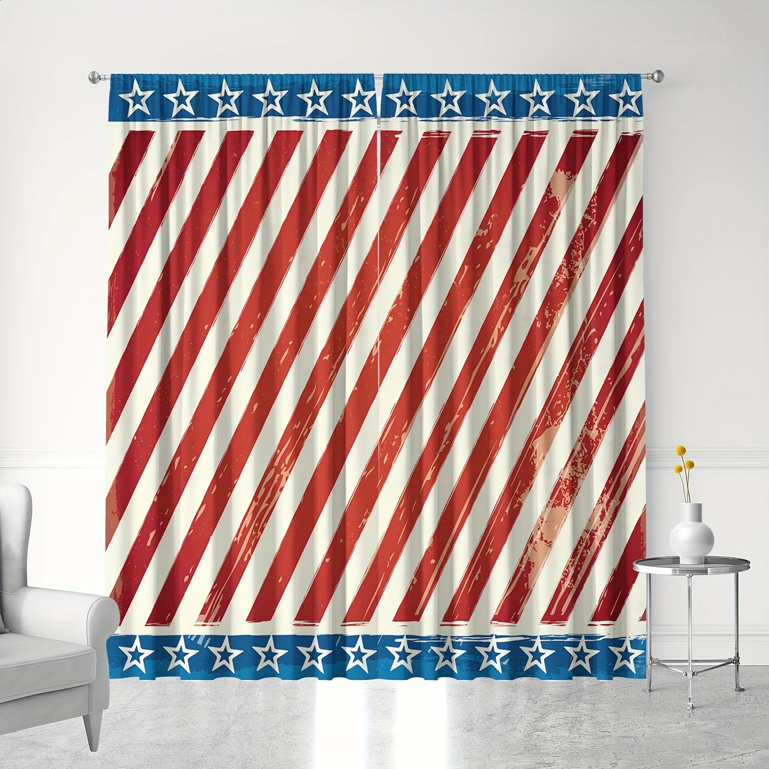 Red White Blue Striped Curtains Set of 2 Eyelet Polyester Light Filtering for Living Room Bedroom Decor