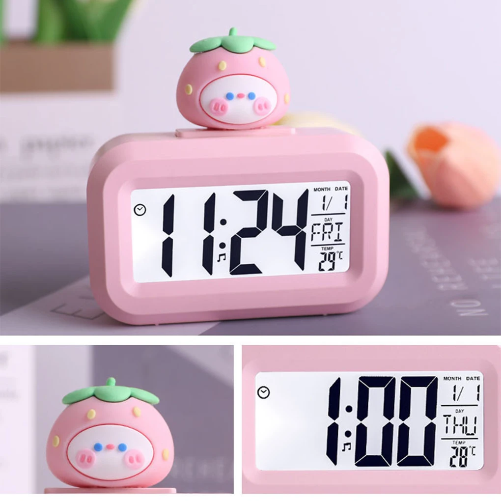 Cute Strawberry Digital Alarm Clock Mute Calendar Desktop Alaways On Table Clocks Temperature Electronic LED Clocks Table Clock