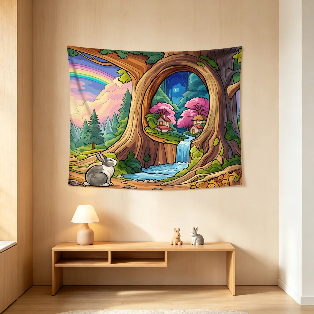 1PC Treehouse Rabbit Print Backdrop Banner, Bedroom Living Room Photo Background, Polyester Wall Hanging, Home Decor, Wall Art