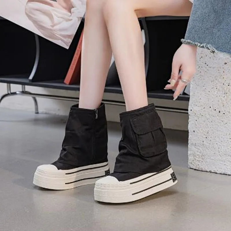 

2026 Fashion Women All Season Canvas Boots Zipper Side Inner Height Increase 12cm Ultra High Heel Pocket Ankle Boots Black White