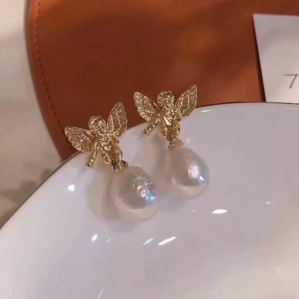 

6pcs DIY Pearl Accessories 925 Silver Stud Earrings Empty Holder, Angel Pearl Earrings Holder for Women, with 9-11mm Round Beads