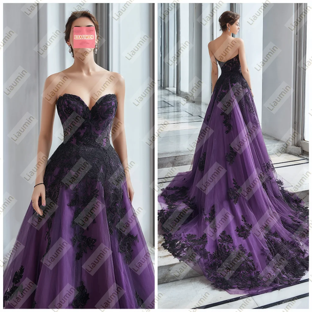 

Sexy Classic Purple Tulle Balck Lace Applique Strapless With Train Evening Wedding Formal Prom Dresses Customized Made W20.1.74