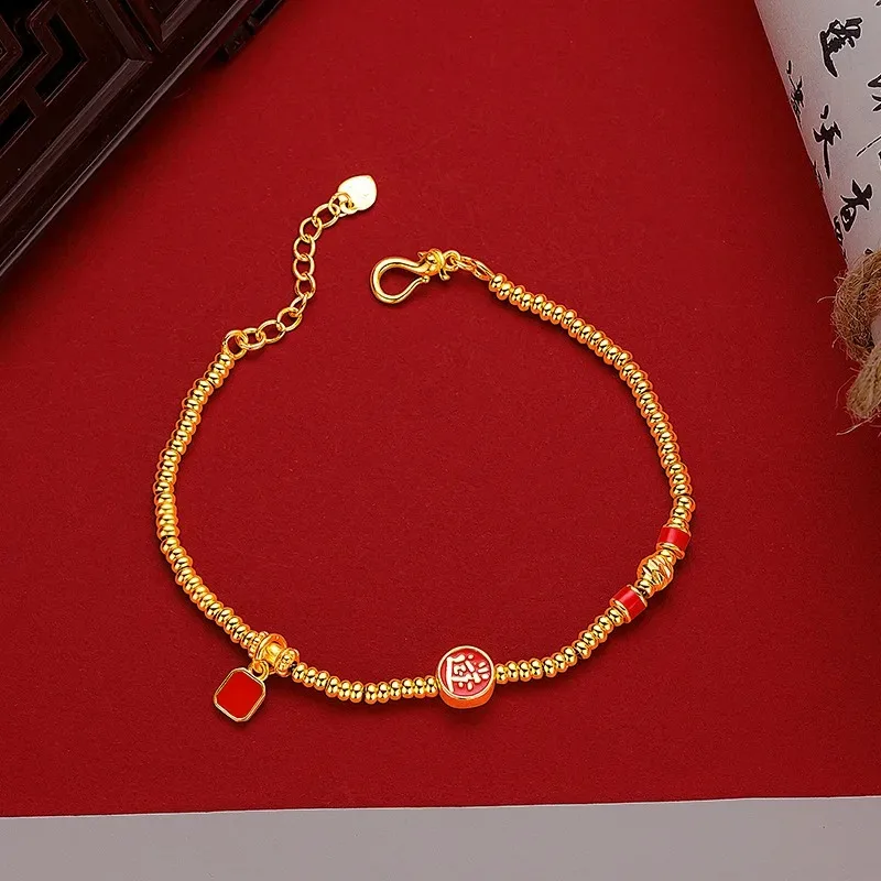 Elnar Jewelry Luxury 24K 9999 Pure Gold real gold National Style Enamel Rijin Gold Disc Bead Bracelet