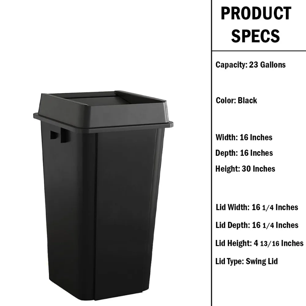 23 Gallon Black Square Commercial Trash Garbage Can with Lid | Outdoor Office Restaurant School Kitchen