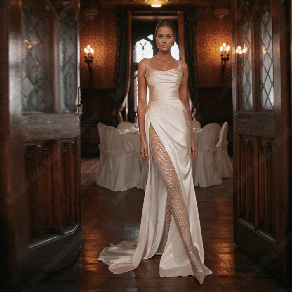 ชุดแต่งงานผู้หญิงผ่าสูงหรูหราคอหวานนางเงือกชุดเจ้าสาวเจ้าหญิงยาวลากพื้นชุดจัดเลี้ยงที่กำหนดเอง