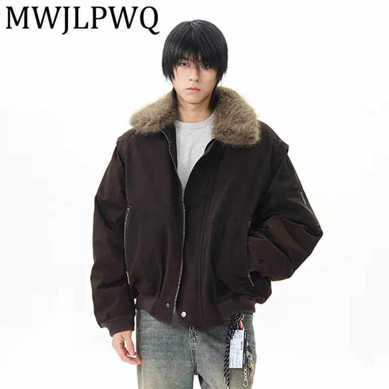 

MWJLPWQ Меховой воротник на молнии с большим карманом и мягким мужским длинным рукавом на осень-зиму, мужские свободные повседневные топы 11857