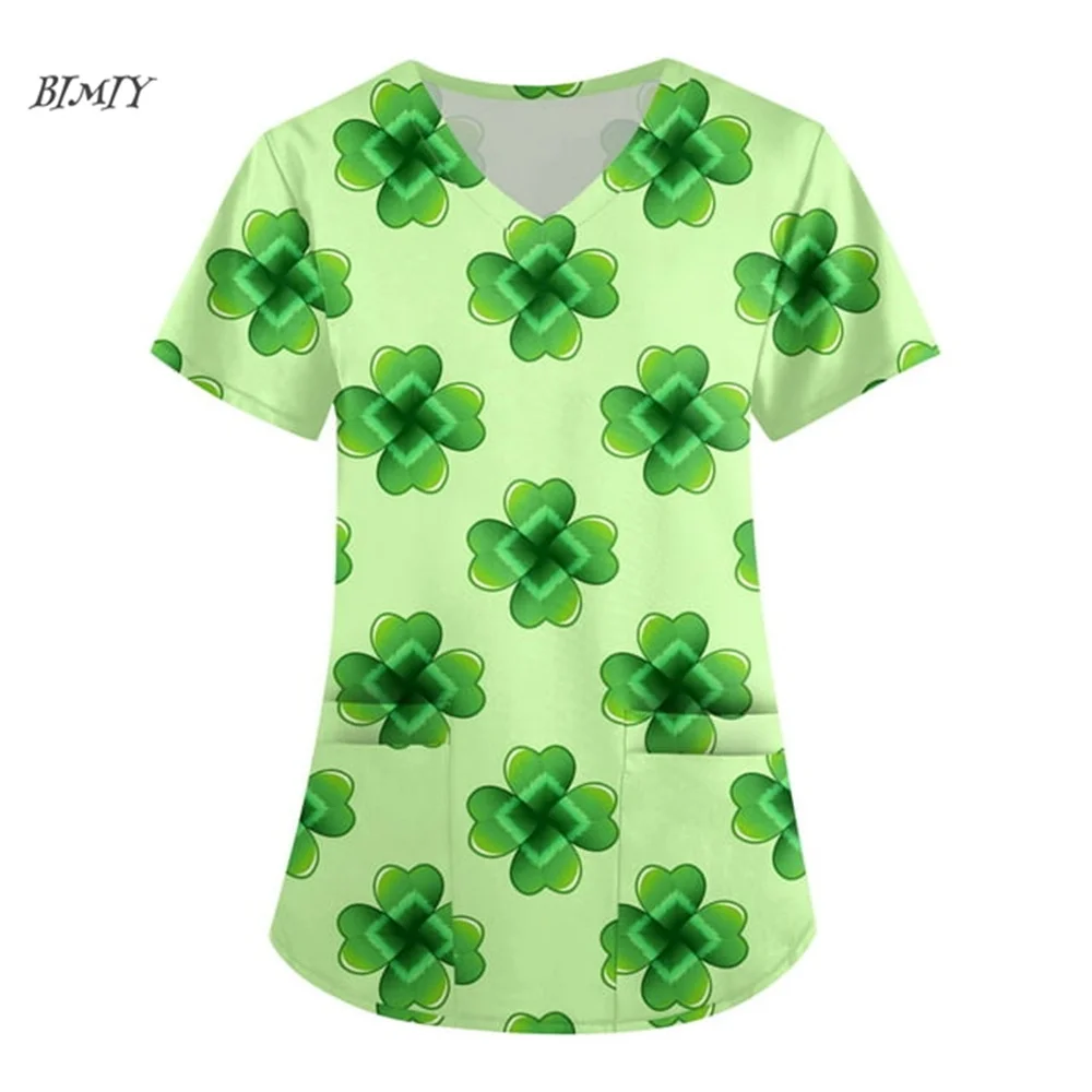 Uniforme médical pour femmes de la Saint-Patrick, hauts pour femmes, uniformes d'infirmière à manches courtes imprimés d'amour, t-shirt haut graphique vert 2025