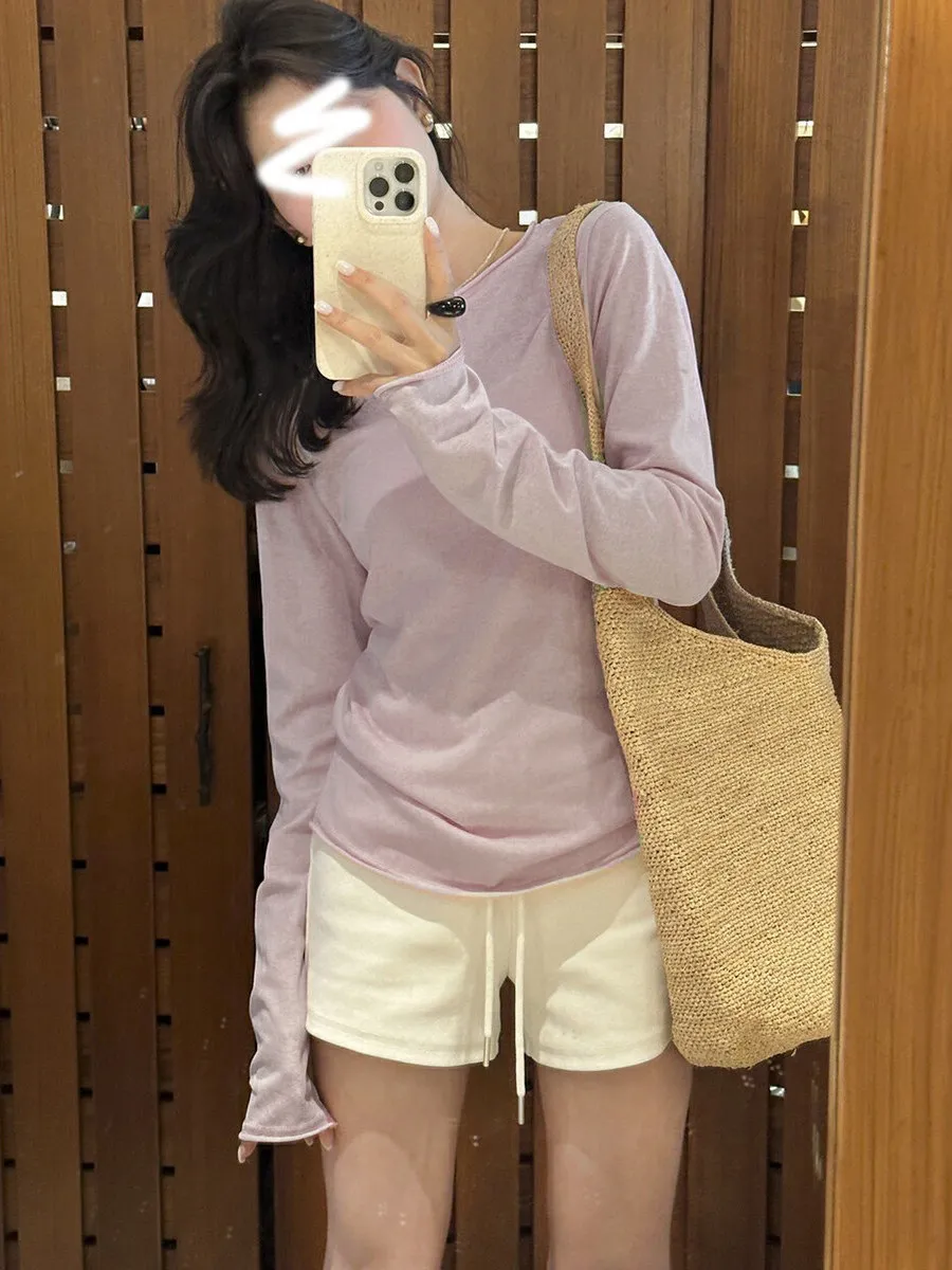 Light Purple Thin Long Sleeve T-Shirt Women's Cuffed Fit Base Shirt Spring Summer Sun Protection Cover up CleanFit Style roun...