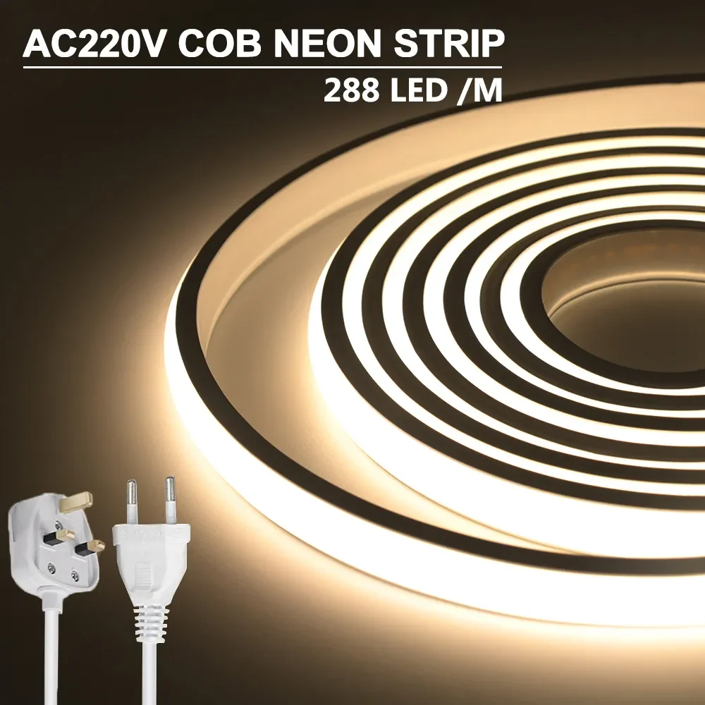 Tira de luces LED COB de neón, cinta Flexible impermeable de 220V, 288LED/m, enchufe europeo/británico para iluminación de cocina y jardín, 3000K,