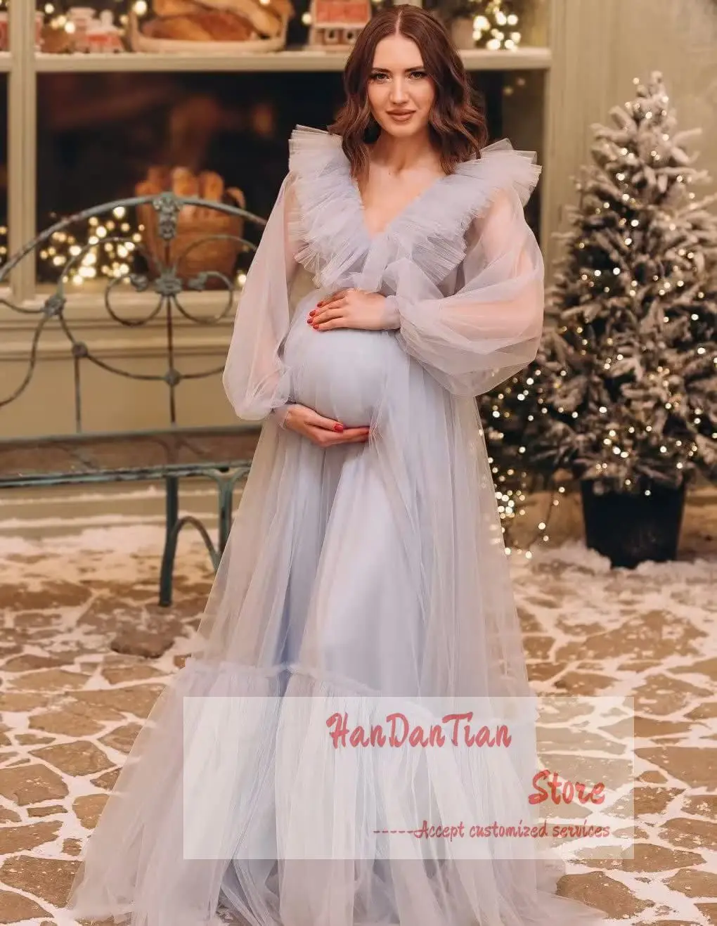 

Tulle Ruffles Maternity Photoshoot Dressing Gown Puffy Long Sleeve Women Pregnant Nightgown Robe