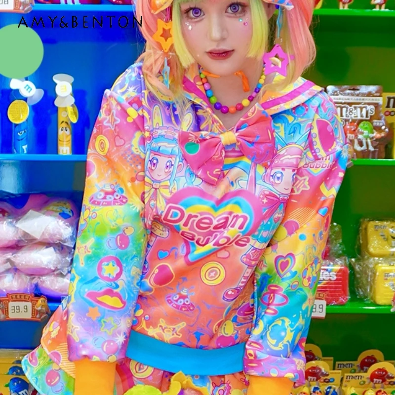 

Japanese Design Colorful Cute Navy Collar Printed Women's Sweatshirt Autumn Winter Versatile Subculture Thick Sweatshirts Ladies