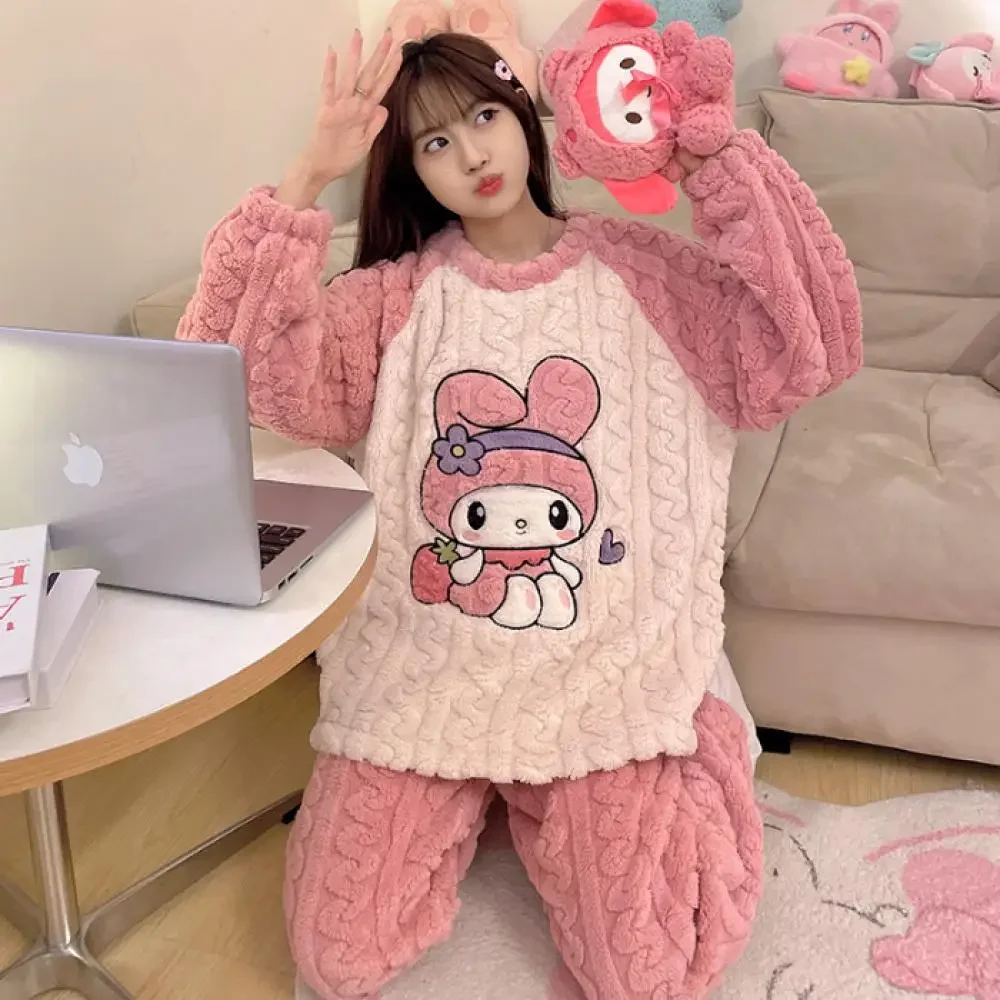 Cartoon Kuromi Kawaii Women Plush Pajamas Set Sanrio Anime Cinnamoroll Coral Fleece Homewear Thicken Girls Nightgown Tops Pants