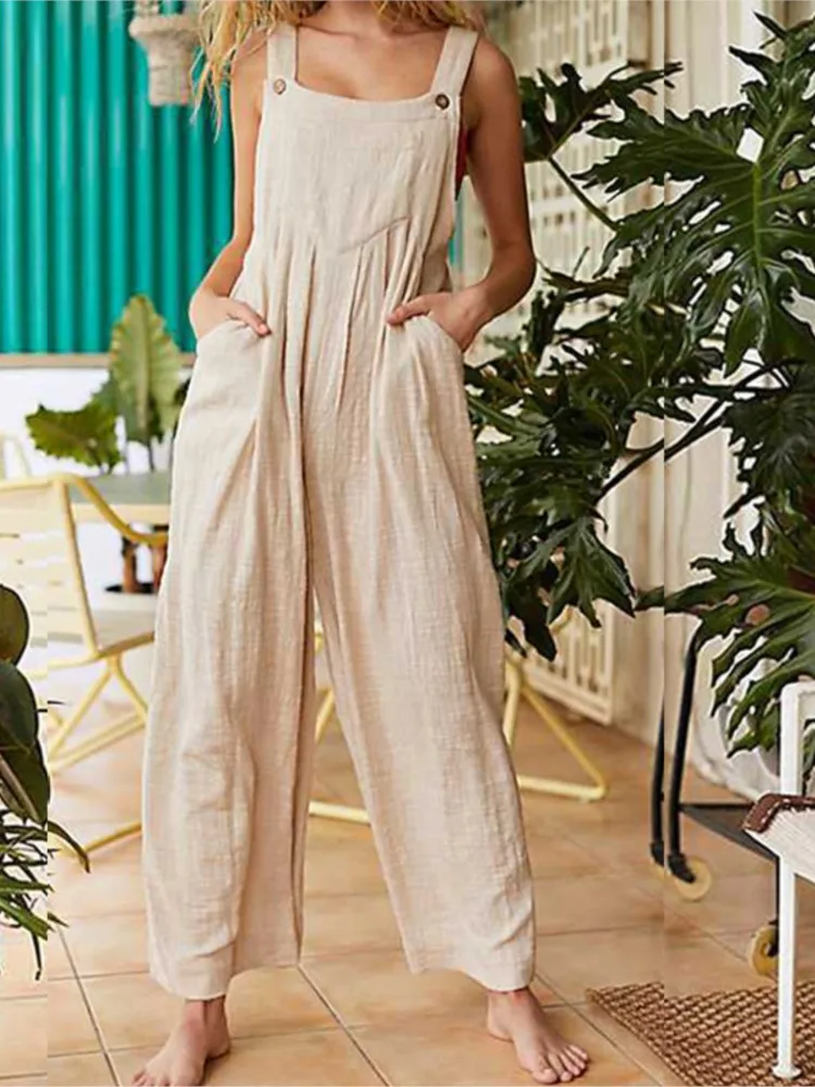 Women Summer Boho Jumpsuit Overalls Solid Ethnic Style Square Neck Sleeveless Casual Jumpsuit Pockets Loose Pants Jumpsuits 2024