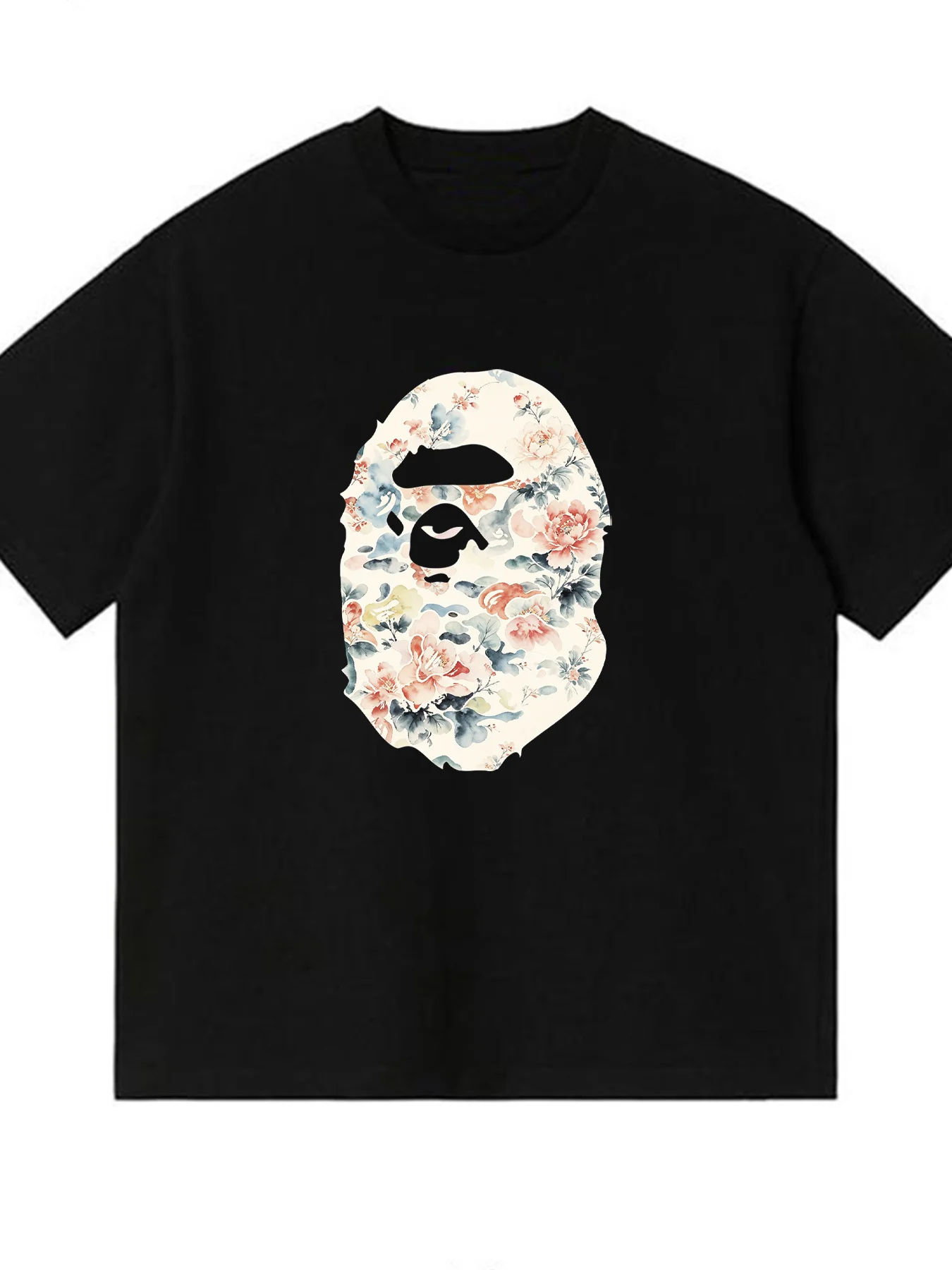 Herren Oversize T-Shirt mit Blumenmuster und Affenkopf-Grafik, Vintage Hip-Hop Rundhals Kurzarm Schwarz Casual Oberteil