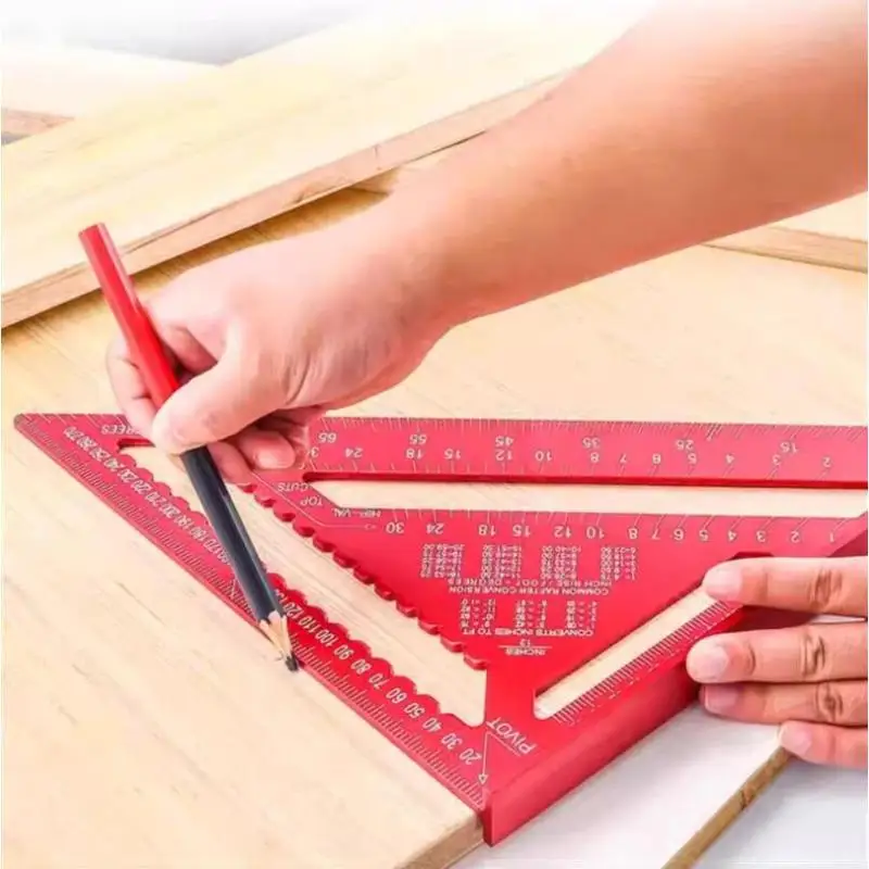 1Pcs Red Aluminum Alloy Triangle Ruler High Precision Clear Scales For Woodworking Carpentry Construction Measuring