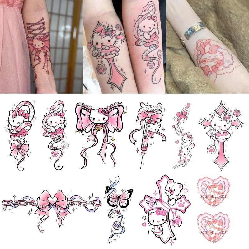 10Pcs Sanrio Hello Kitty Tattoo Sticker Cute Cartoon Waterproof Multi Combination Vigorous Girl Tattood Kawaii Holiday Gifts