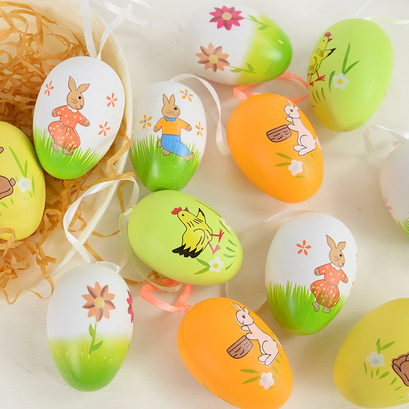 12 stücke Kunststoff Ostern Eier Kaninchen Küken Gemalt Hängen Anhänger DIY Handwerk für Ostern Party Dekoration Lieferungen Kinder Geschenke