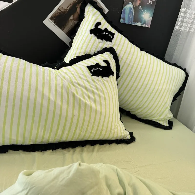 Summer green striped cat quilt cover black cat four-piece set embroidered washed cotton quilt cover bed sheet three-piece set