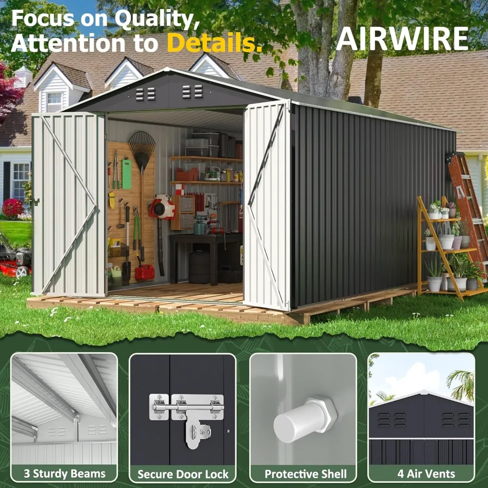 8x12 FT Outdoor Storage Shed with Updated Frame Structure and Lockable Doors, Metal Tool Sheds