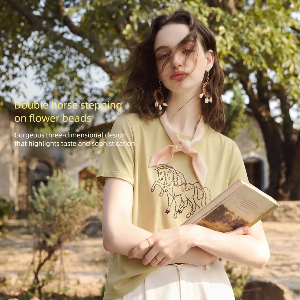 OLrain Commuter Simple Knitted Women's T-Shirt 2026 Summer Fashion Double Horse Bead Embroidery Casual Cotton Top O58XT006608