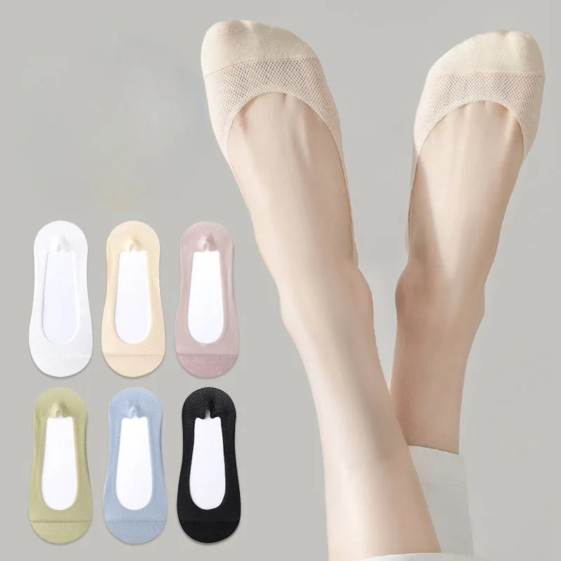 Women Spring Summer Solid Color Mesh Breathable Invisible Boat Socks with Silicone Sweat-absorbent Odor-Resistant Ice Silk Socks