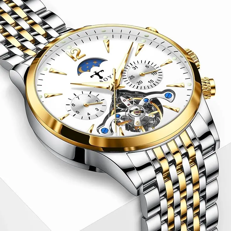 

Tourbillon Moon Phase Gold Steel Business Automatic Watch Skeleton Date Luxury relogios masculino