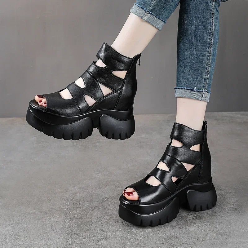 Fujin 8.5cm Sandals Ankle Boots Platform Slides Hollow Ladies Shoes Natural Genuine Leather Women Summer Breathable Wedge Heel