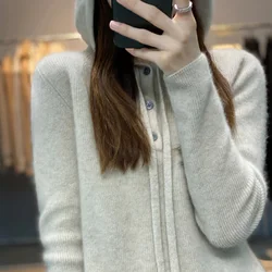 Women's 100 Pure Cashmere Hooded Sweater, Thick Bottoming Sweater, European Goods, High-End Hoodies, Autumn and Winter