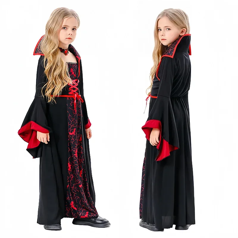 New Girls Halloween Cosplay Witch Costume Horror Black Clothes for Kids Party Performance