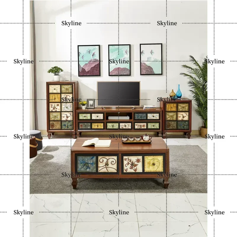 for American Country Style Coffee Table and TV Cabinet Combo Mediterranean Retro Solid Wood Storage Furniture for Small