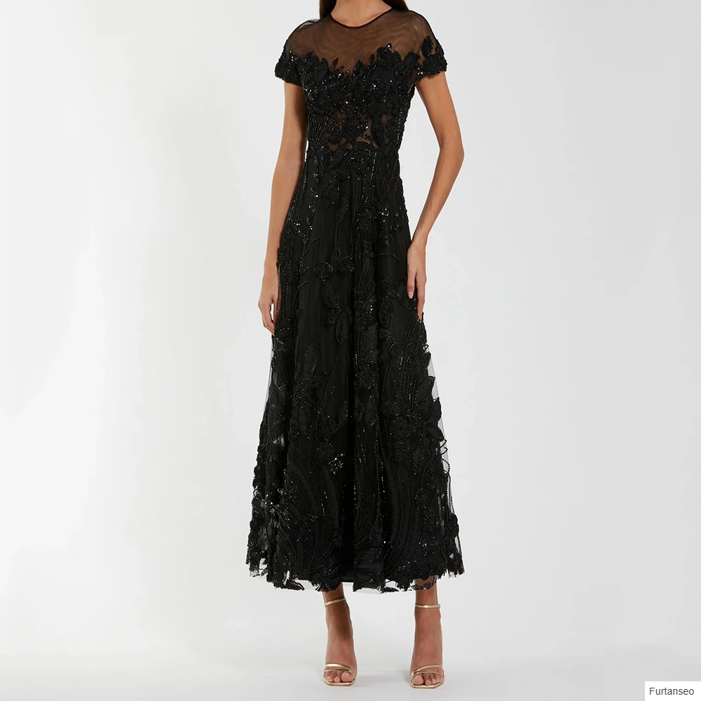 

Customized A-line Evening Dresses Tea-length O-neck Short Sleeve Prom Gown Fashion Beading Sequined Flowers Draped Party Gown