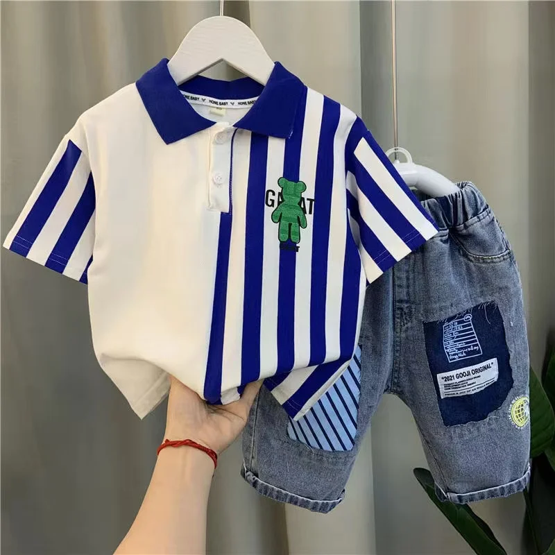 

Baby Boys Summer Turn Down Collars Outfits Boutique Striped Short Sleeve Shirt+Jeans Shorts Two Piece Kids Casual Sport Suit