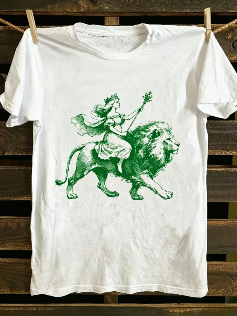 Retro-T-Shirt mit Göttin auf Löwen-Motiv, Vintage-Mythologie-Grafik, kurzärmelig, für Herren und Damen, lässig, locker, Streetwear, Alltagskleidung – Detail 3