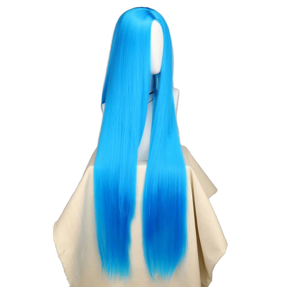 QQXCAIW Cosplay 100cm długie niebieskie syntetyczne peruki do włosów kostium anime na Halloween prosta peruka żaroodporna Jinx