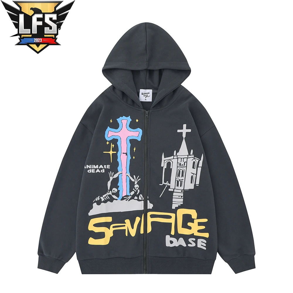 

Mens Y2k Vintage Castle Cross Print Oversized Zip Up JacketsRabbit ears Hip Hop Streetwear Long Sleeve Cotton Tops Autumn Winter