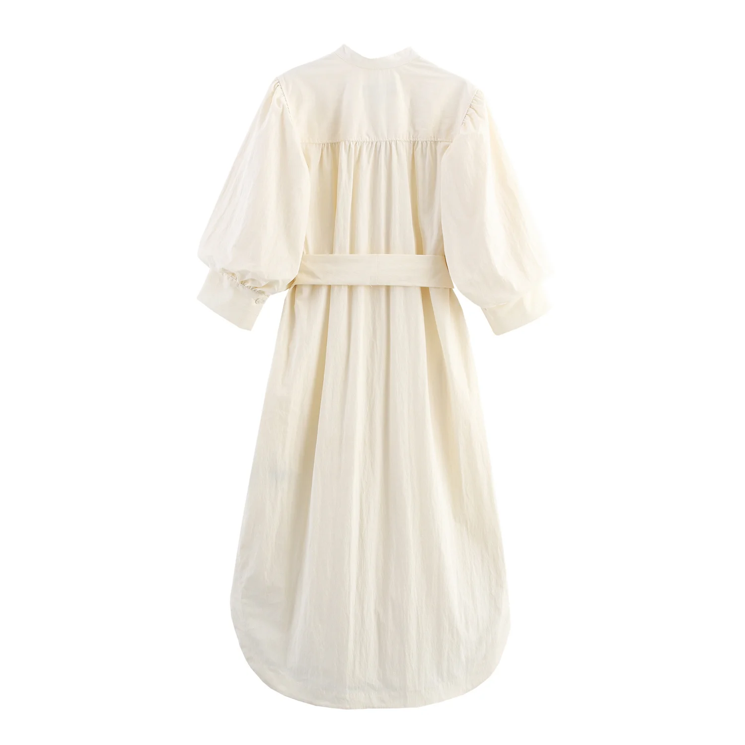 Women Ivory Puff-Sleeve Shirt Dress  Bow Belt  Button-Front Midi Length Casual Dresses