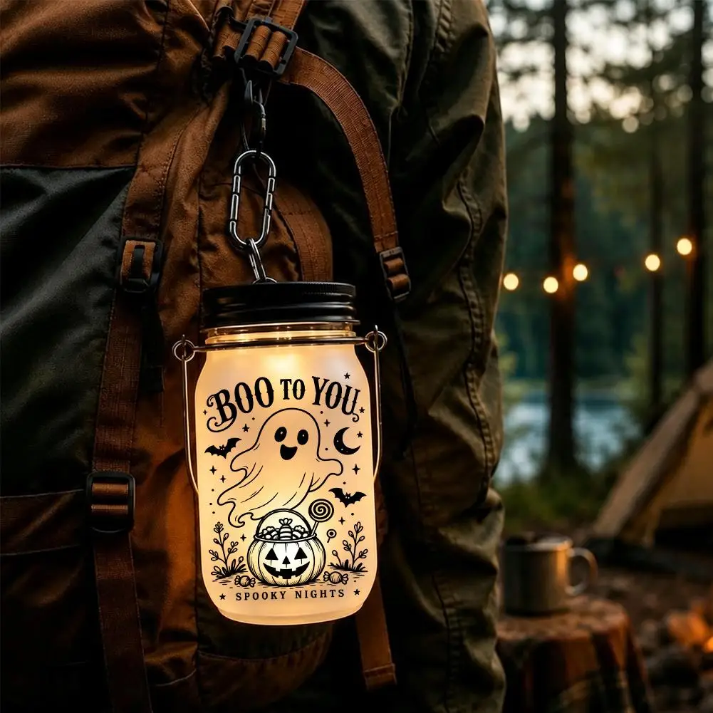 Halloween Mason Jar Lights Glass Hanging Lantern Outdoor Garden Yard Tree Ghost Pumpkin Spooky Party Decor Bottle