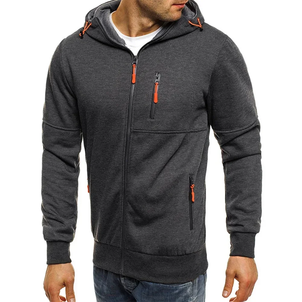 Men's Dark Grey Full Zip Up Hoodie Contrast Orange Zipper Accents Multi-Pocket Workwear Style Casual Jacket Autumn Winter Warm F