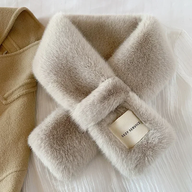 Rabbit Fur Plush Neckerchief Girl Winter Warm Thick Solid Color Faux Cross Collar Shawl Elegant Warm Soft Comfortable Scarf 1Pcs