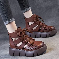 New Handmade Retro Women Platform Sandals Pu Leather Hollow Baotou Wedges Gladiator Shoe Back Zipper Thick Bottom Cool Boot