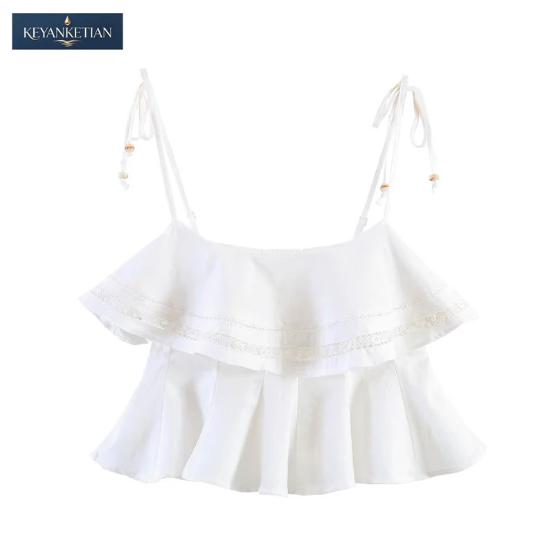 

KEYANKETIAN 2026 Summer French Cottagecore White Ruffled Cami TopLace Trim, Beaded Ties & Peplum Waist Loose Crop Vest
