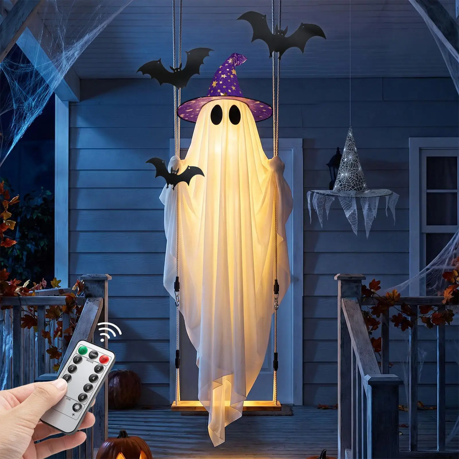 Swinging Ghost Decor Scary Halloween Remote Control Light Up Funny Ghost Garden Decor For Haunted House Yard Porch Window Door