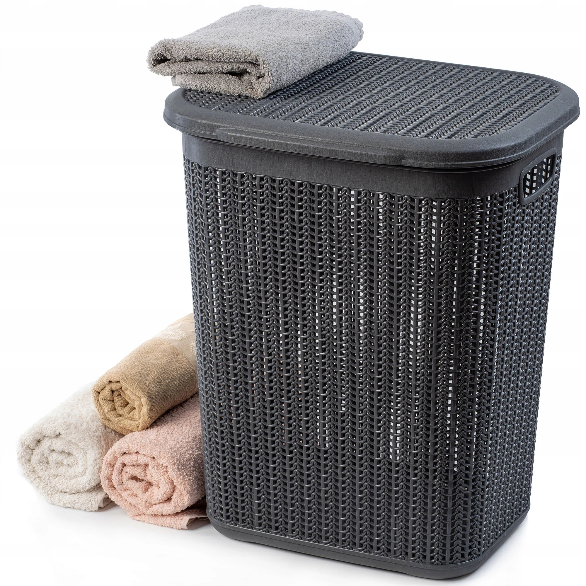 KADAX Cesto per la biancheria da 50 litri Contenitore in plastica grande con coperchio Grigio scuro