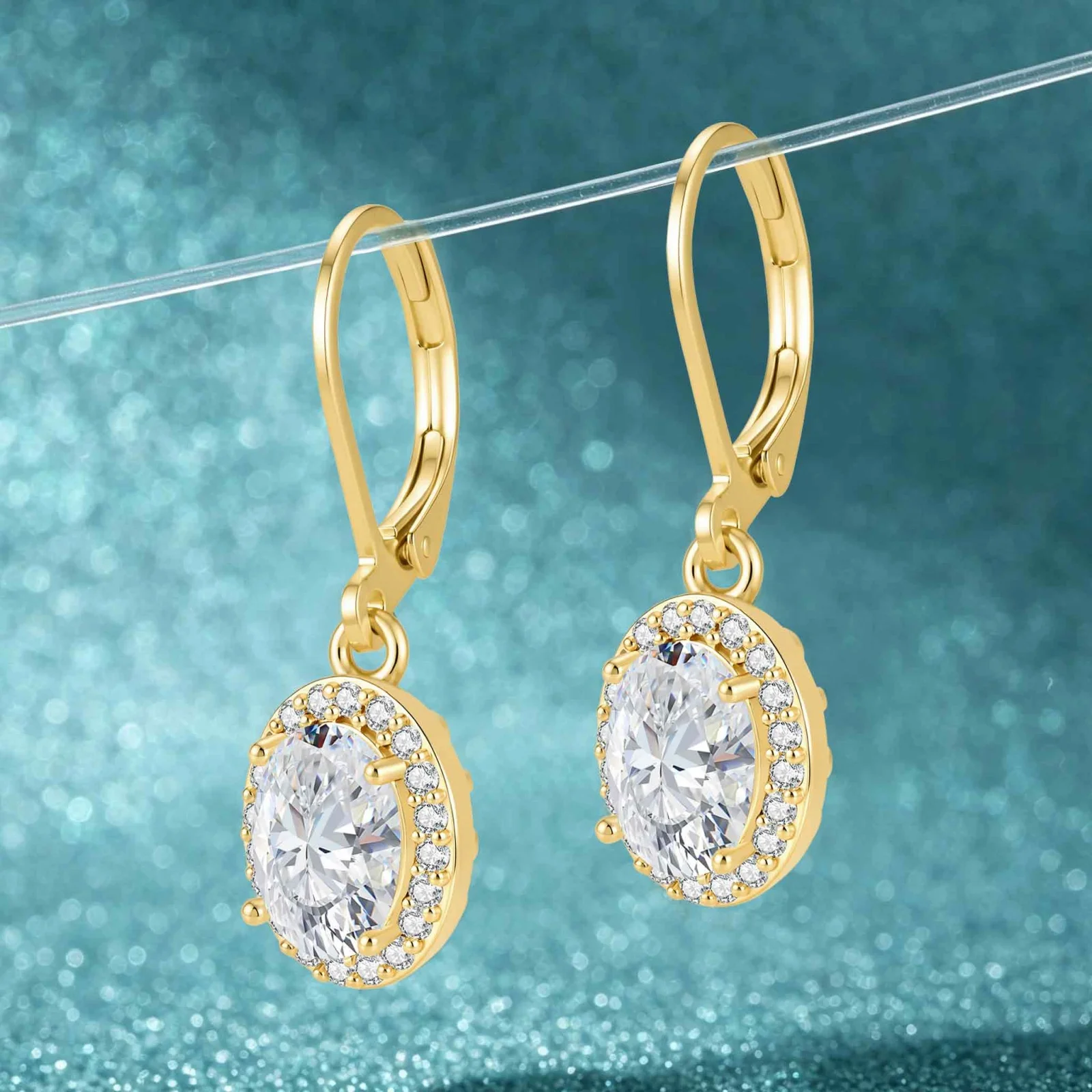 LAMVOICE 18K Golden Plated Oval Halo AAAAA+ Zircon Leverback Dangle Earrings,Hypoallergenic Anti‑Tarnish Women Jewelry