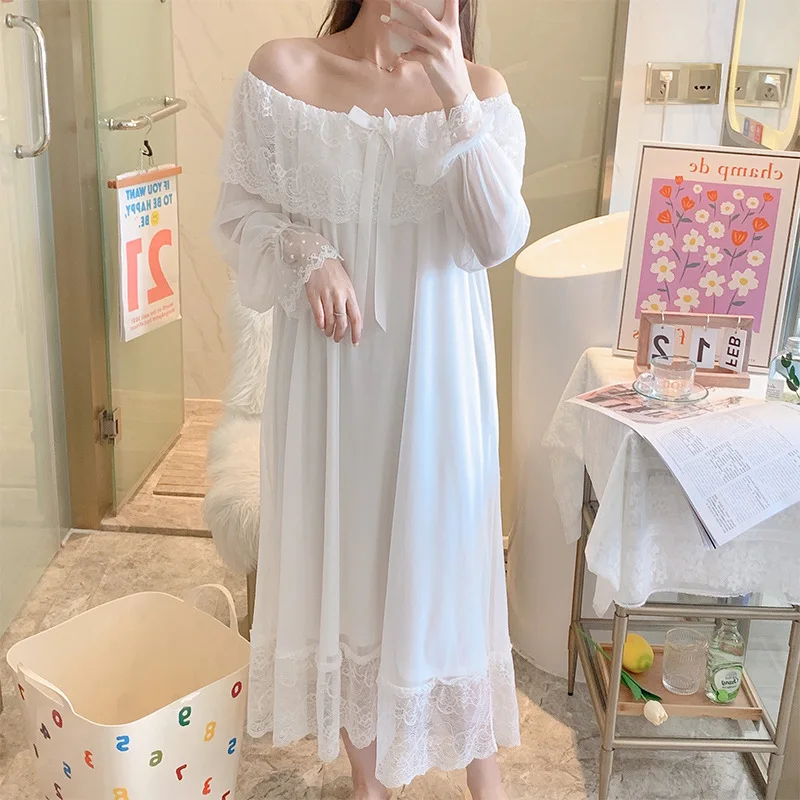 Victorian Vintage Nightgowns Women Princess Sleepwear Spring Autumn Sweet Mesh Sexy Lace Long Sleeve Peignoir Fairy Night Dress