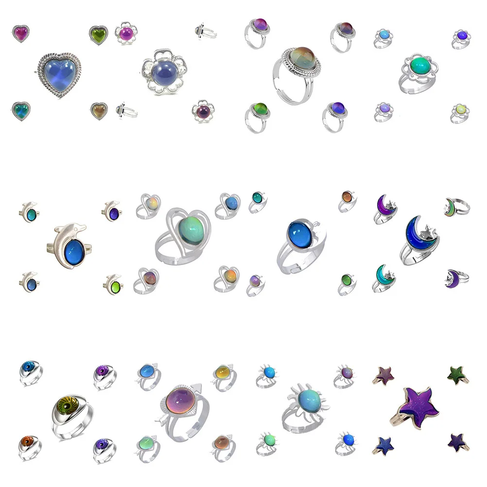12pcs Adjustable Color Changing Ring Multifarious Shape Mood Finger Ring For Women Temperature Sensitive Emotion Feeling